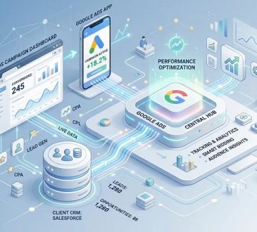 Isometric illustration of a Google Ads hub with dashboards, a phone, and data streams showing performance optimization, analytics, and audience insights.