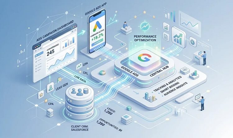 Isometric illustration of a Google Ads hub with dashboards, a phone, and data streams showing performance optimization, analytics, and audience insights.