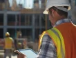 Construction worker in a safety vest and hard hat uses a tablet at a busy building site under construction.