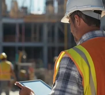 Construction worker in a safety vest and hard hat uses a tablet at a busy building site under construction.