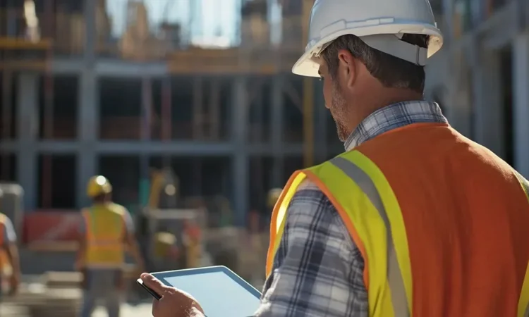 Construction worker in a safety vest and hard hat uses a tablet at a busy building site under construction.