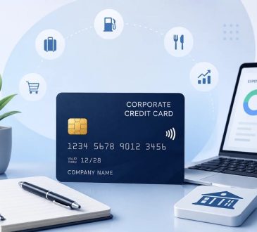 Blue corporate credit card on a desk with a laptop showing charts, a notebook and pen—finance and analytics setup.