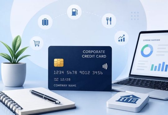 Blue corporate credit card on a desk with a laptop showing charts, a notebook and pen—finance and analytics setup.