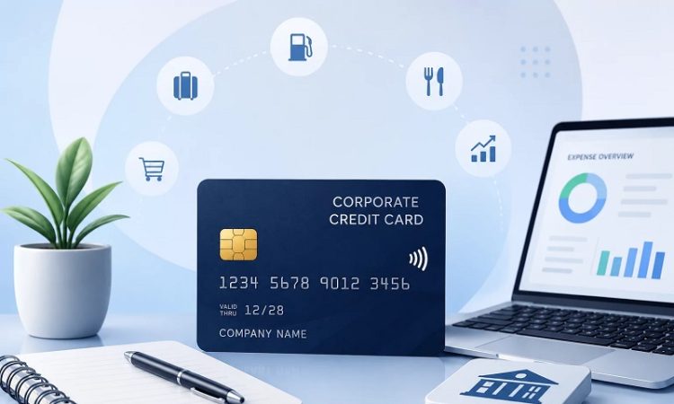 Blue corporate credit card on a desk with a laptop showing charts, a notebook and pen—finance and analytics setup.