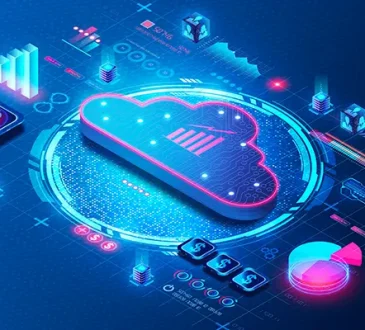 Futuristic cloud storage concept with neon blue cloud icon on a circular digital interface.