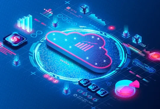Futuristic cloud storage concept with neon blue cloud icon on a circular digital interface.