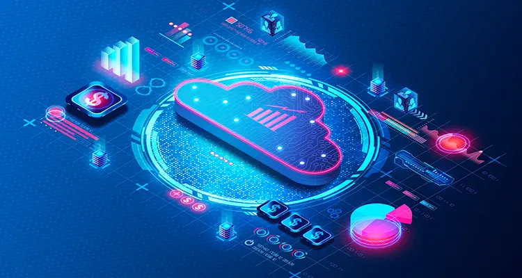 Futuristic cloud storage concept with neon blue cloud icon on a circular digital interface.