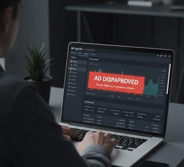 Person seated at a desk typing on a laptop displaying a dark analytics dashboard with a red 'AD DISAPPROVED' banner