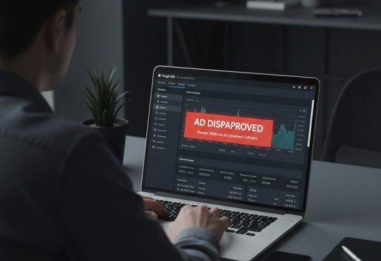 Person seated at a desk typing on a laptop displaying a dark analytics dashboard with a red 'AD DISAPPROVED' banner