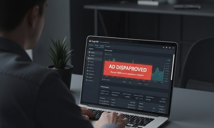 Person seated at a desk typing on a laptop displaying a dark analytics dashboard with a red 'AD DISAPPROVED' banner